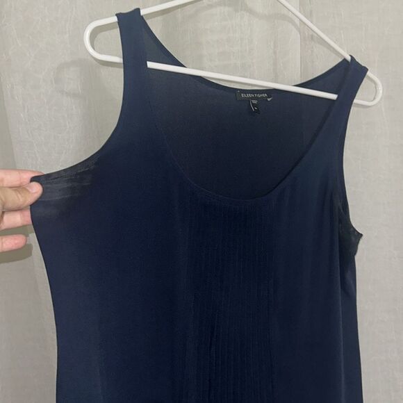 Eileen Fisher M Navy Pleated Front Scoop Silk Tank Top - Picture 5 of 10